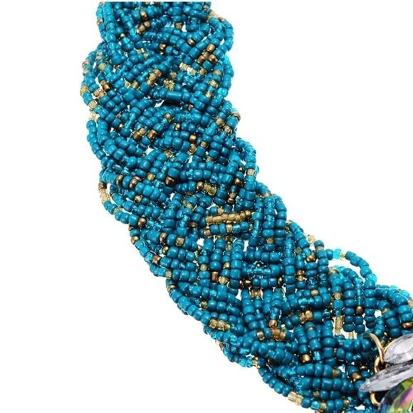 Silver with Green AB Austrian Crystal and Blue Beaded Chunky Collar Bib Necklace - Picture 3 of 5